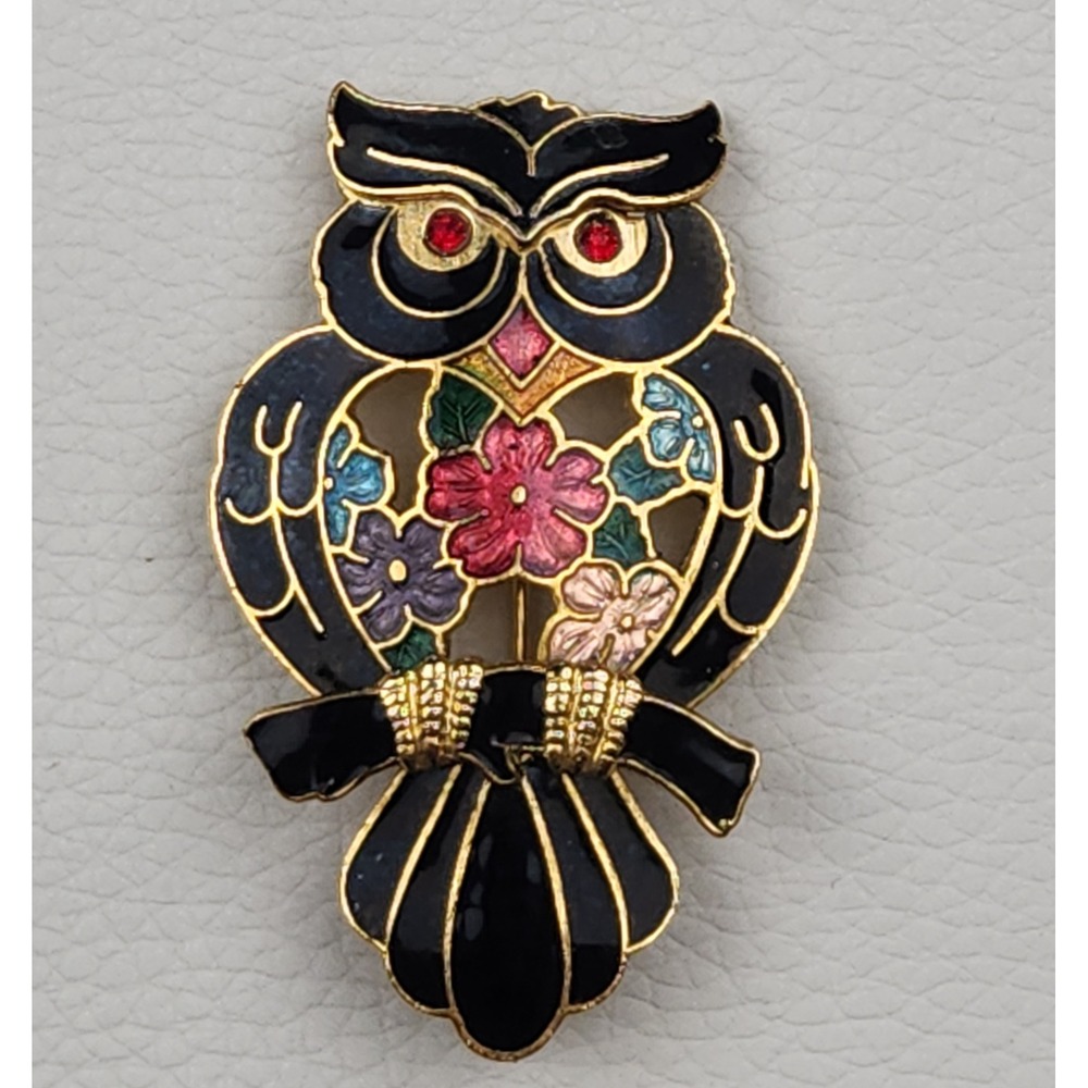 Vintage Enamel Owl Brooch Gold Black Floral Rhinestone Eyes Whimsical